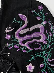 ROMWE Goth Blusa vaquera sexy de talla grande con cuello halter, estampado bordado de flores, serpiente y luna en estilo retro y bohemio - Negro - Ver 3