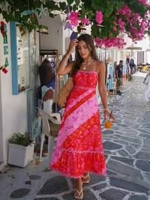 女士复古撞色无袖荷叶边长连衣裙，夏季款 - 粉色 - 查看 1