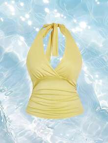 ROMWE Grunge Punk Plus Size Women's Summer Outfits Sexy Beach Vacation Style Solid Color Ruched Tie Front Halter Top - Pale Yellow - View 1