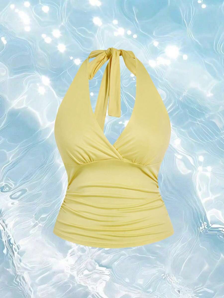 ROMWE Grunge Punk Plus Size Women's Summer Outfits Sexy Beach Vacation Style Solid Color Ruched Tie Front Halter Top - Pale Yellow - View 1
