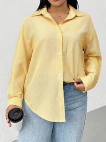 SHEIN Essnce 大码女装春夏时尚休闲宽松舒适日常百搭显瘦蓝色纽扣长袖衬衫，后开衩，春季穿搭，女士衬衫，简约风格，工作上衣，条纹衬衫 - 淡黃色 - 查看 3