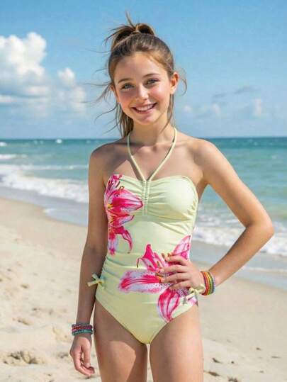 SHEIN 2件装女童热带花卉图案弹力速干舒适针织面料连体泳衣（适合青少年女孩），适合海滩、泳池、海边、冲浪、度假、夏季旅行