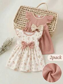 SHEIN Playful Pals 2件組女嬰可愛白色與粉色夏季家庭款復古植物花卉印花蝴蝶結前襟荷葉袖A字版型飄逸柔軟洋裝 - 彩色 - 查看 10