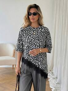 SHEIN LUNE Áo thun nữ tay ngắn phối ren họa tiết da báo, vạt áo bất đối xứng, thích hợp cho kỳ nghỉ hè, đi làm và mặc hàng ngày. - Màu Xám nhạt - Xem 5