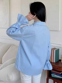 DAZY 女士纯色喇叭袖单排扣休闲衬衫 - 藍色 - 查看 2