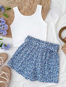 SHEIN 少女夏季休闲度假白色吊带碎花纸袋短裤两件套 - 藍白色 - 查看 2