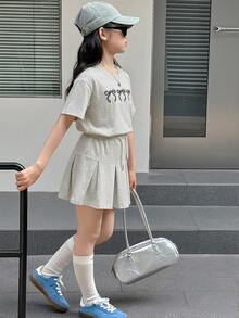 Dazy Kids 少女圆领落肩短袖休闲蝴蝶结装饰T恤套装，夏季 - 淺灰色 - 查看 5