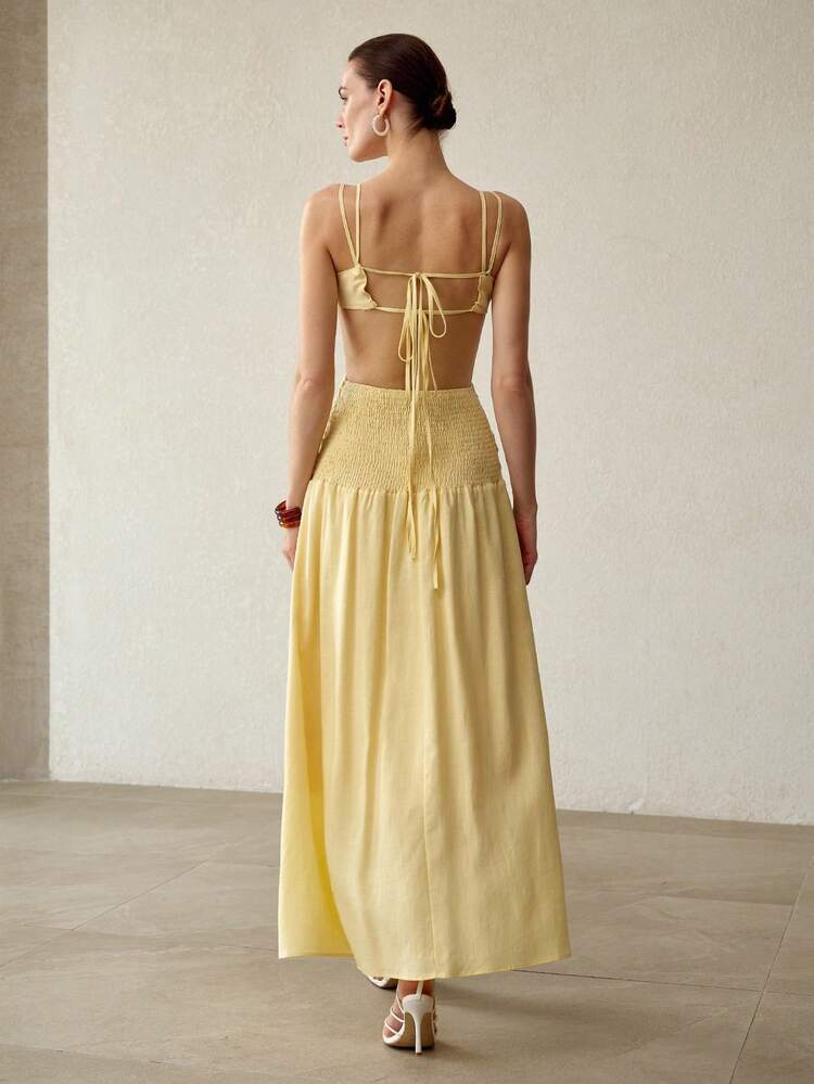 SUMMER BACKLESS RUCHED CAMISOLE DRESS, FRENCH ELEGANT WAIST-CINCHING SEXY SLIMMING LONG DRESS FOR WOMEN
