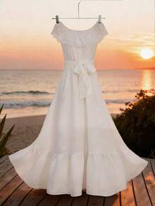 GlowEve Women's Fashion Off Shoulder Ruffle Solid White Wedding Party Date Night Waist Tie Bow Vacation Daily Beach Travel Ruffle Hem A-Line Maxi Dress, Spring/Summer - White - View 7