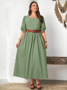 EMERY ROSE Plus Size Women's Sage Green Summer Boho Vacation Holiday Dress, Round Neck Mid-Sleeve Solid Flowy Long Dresses For Beach Daily Outfits - Green - View 7