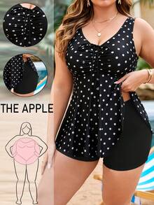 Swim Lushoire Plus Size Women 2pcs Random Print Tankini Swimwear Set, Front Drawstring Tummy Control, Minimalist Beach Vacation - Multicolor - View 1