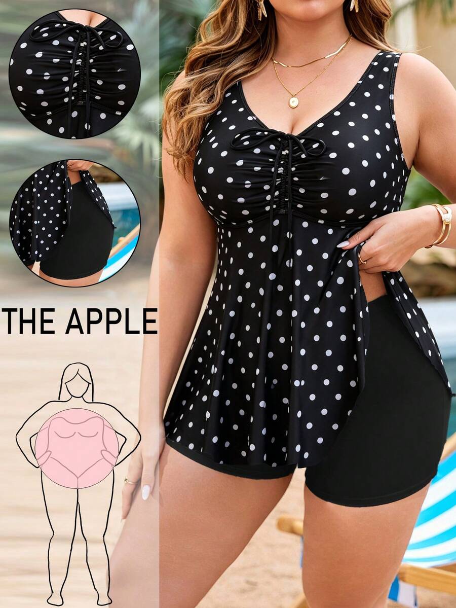 Swim Lushoire Plus Size Women 2pcs Random Print Tankini Swimwear Set, Front Drawstring Tummy Control, Minimalist Beach Vacation - Multicolor - View 1