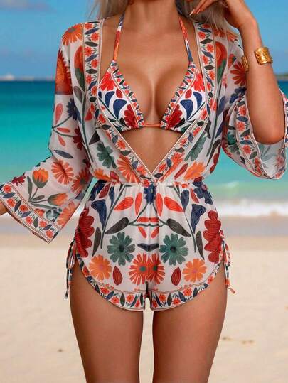 Swim Lushoire 2026SS New Women's Swimwear Arrival For Holiday, Date, Western, Cruise, Beach, Island, Road Trip, All Seasons, Music Festival, Boho Vacation,Bohemian Vacation, Chill Autumn Boho Y2K Elegant Vintage Casua Elegant 3 PiecesBikini Set, Vacation Casual Beach Swimwear For Women