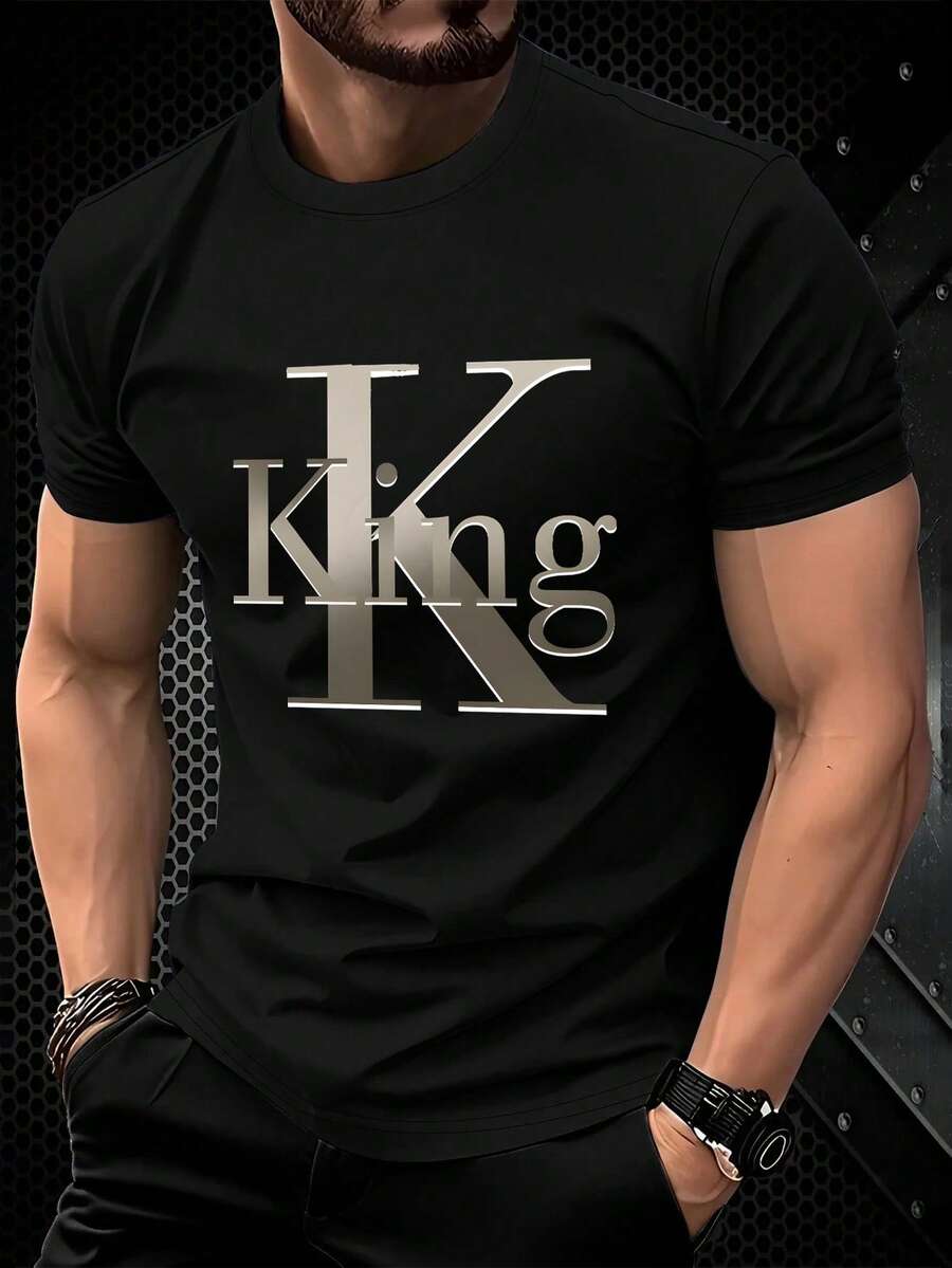 NEOREFINED 男士休闲简约国王字母印花短袖黑色T恤 - 黑色 - 查看 1