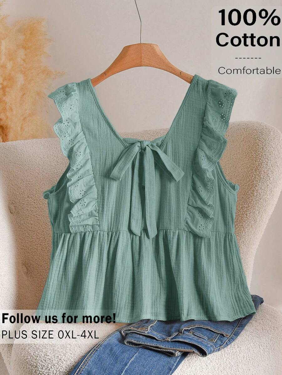CosyJoli Plus Size Women Solid Color Minimalist Sleeveless Top - Green - View 1