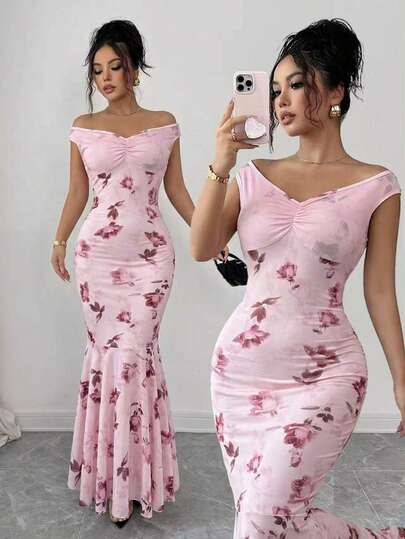 Modelyn Đầm mùa hè gợi cảm, hở vai, phối lưới, in hoa, ôm sát, dáng đuôi cá, co giãn, thanh lịch và lãng mạn dành cho phụ nữ.