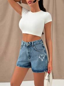SHEIN Women's High Waist Washed Rhinestone Embroidered Casual Jeans - Medium Wash - View 6