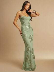 3D Floral Sexy & Elegant Fish Tail Hem Slip Dress - Mint Green - View 4