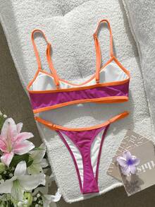 Swim SXY 女士泳装比基尼性感纯色拼接比基尼，内置胸罩露脐背心吊带泳衣，适合度假、海滩、Y2K风格、健身等场合，适合情人节、新年派对、度假、都市海滩波西米亚风等各种场合，2026春夏沙滩装 - 玫紅色 - 查看 6