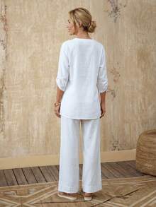 EMERY ROSE Bộ đồ nữ đi nghỉ mát, màu trơn, gồm áo và quần, 2 món. - xanh quân đội - Xem 2