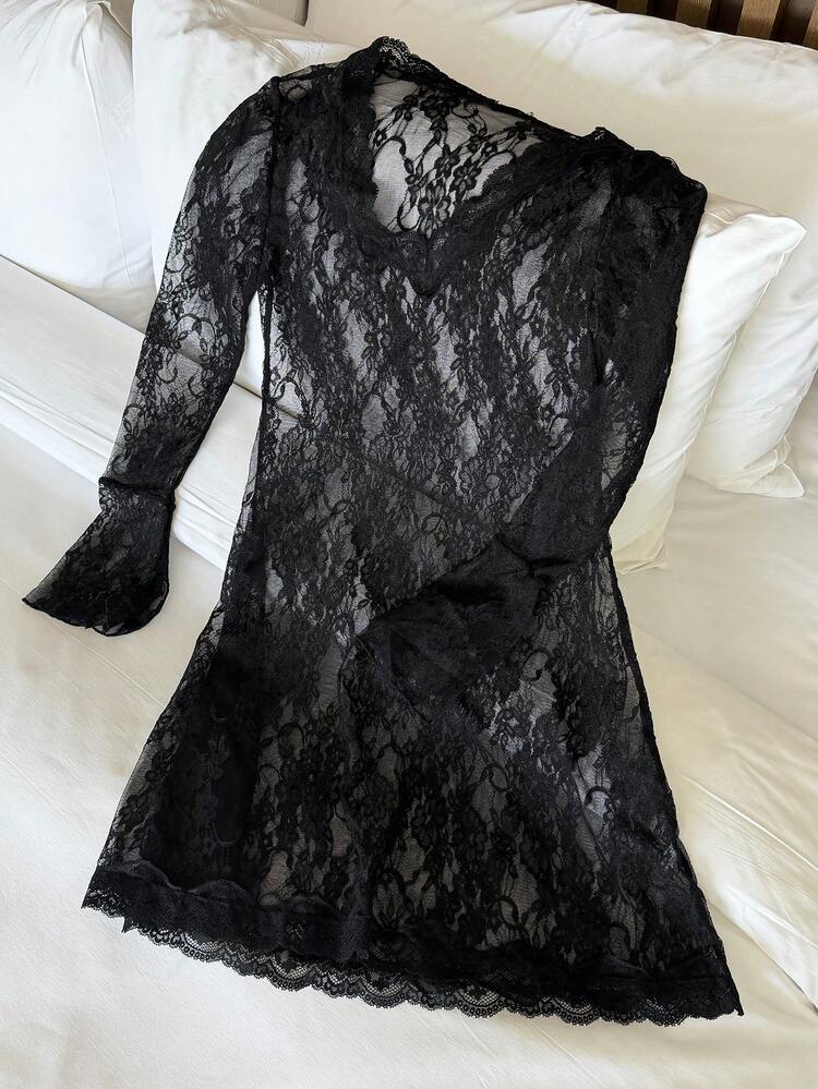 Sheer Lace V-Neck Long Sleeve Short Nightgown, Sexy Sleepwear For Women