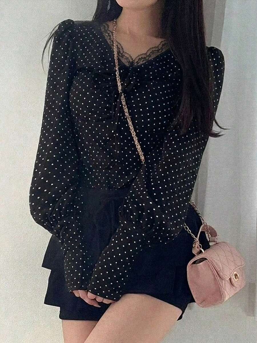 FRIFUL Women's Casual Polka Dot Print Long Sleeve T-Shirt, Suitable For Spring And Autumn Summer - Black - View 1
