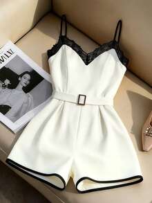 Franclia 女士休闲时尚宽松撞色蕾丝喇叭裤连体裤，适合夏季穿着 - 黑與白 - 查看 5