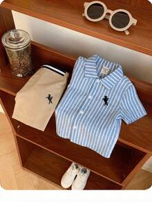 2pcs Baby Boy Horse Pattern Lapel Short Sleeve Cardigan And Elastic Waist Shorts Set - Multicolor - View 1