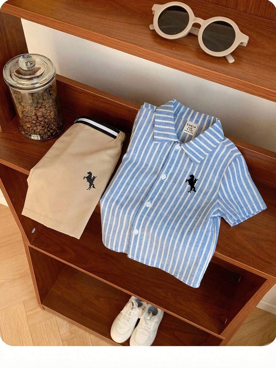2pcs Baby Boy Horse Pattern Lapel Short Sleeve Cardigan And Elastic Waist Shorts Set - Multicolor - View 1