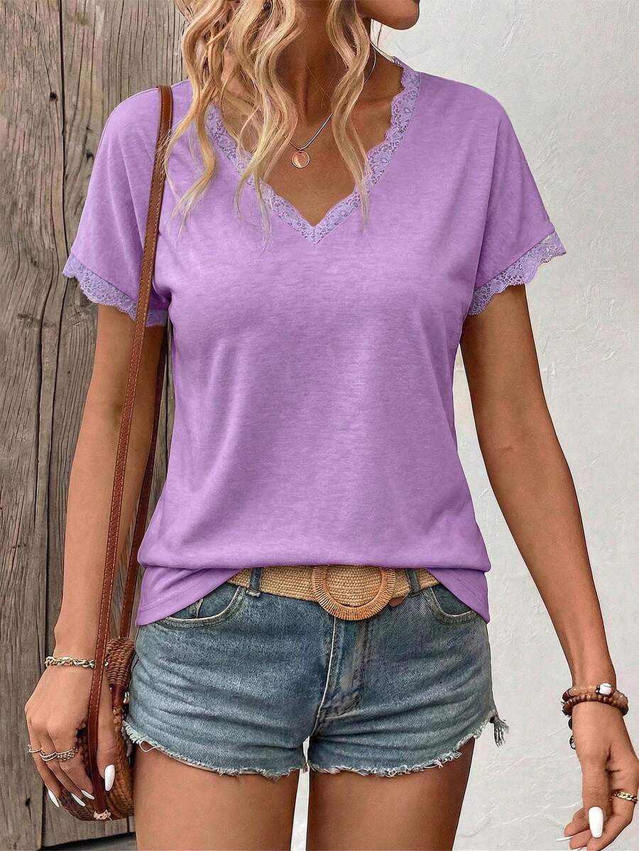 Selamara 女士春夏新款蕾丝边V领短袖T恤 - 紫色 - 查看 1