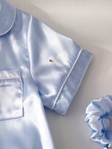 2pcs/Set Young Girl' Elegant Cute Swan Pattern Satin Fabric Casual Comfortable Pajamas - Baby Blue - View 5