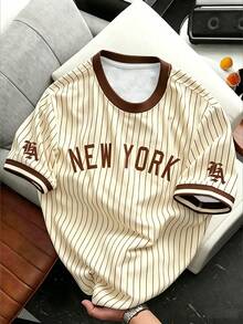 Chillumni Áo thun nam kẻ sọc in chữ, kiểu dáng thường ngày, thích hợp cho mùa hè. - Màu Khaki - Xem 1