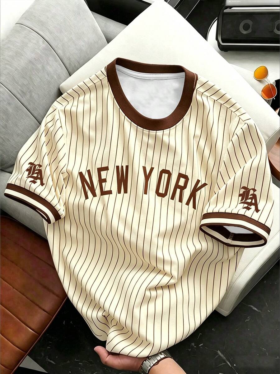 Chillumni Áo thun nam kẻ sọc in chữ, kiểu dáng thường ngày, thích hợp cho mùa hè. - Màu Khaki - Xem 1