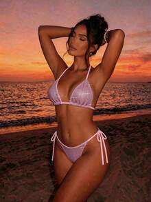 SHEIN Swim 两件套，亮片质感挂脖三角比基尼上衣和侧系带泳裤，性感女士泳装套装，适合春夏度假 - 粉色 - 查看 5