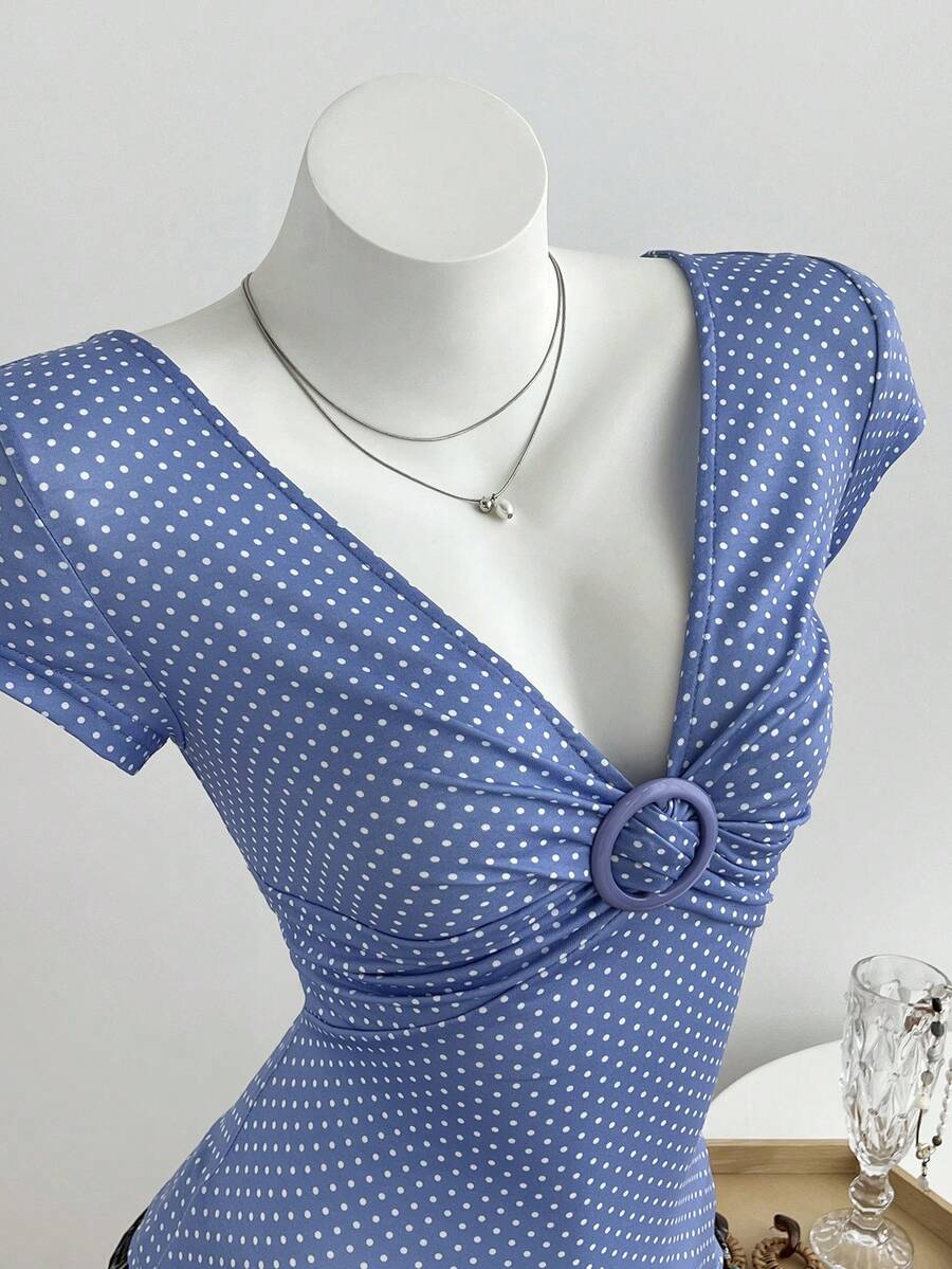 Elamini Women's T-Shirt With Deep V-Neck, Ruched Detailing, And Knit Polka Dot Pattern Blue - Blue - View 1