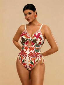 Travachic Plus Size Women Palm Tree Print Fashion Spaghetti Strap One-Piece Swimsuit Summer Beach Vacation - Multicolor - View 4