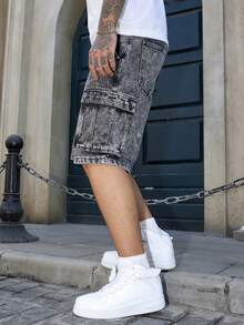 Manfinity EMRG Celana Pendek Denim Longgar Kasual Pria, Pakaian Musim Panas Serbaguna - Light Grey - View 4
