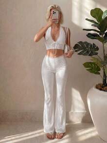 SHEIN ICON Quần nữ màu trắng ren, co giãn tốt, thanh lịch, có họa tiết, thích hợp cho công sở, dạo phố, dự tiệc và những dịp cao cấp. - trắng - Xem 13