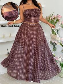 GalTyme Plus Size Women Polka Dot Print Cropped Camisole And Mini Skirt 2 Pieces Set,Burgundy,Summer,Boho,Tea Party,Wedding,Holiday,Elegant Beach Y2k - Brown - View 1