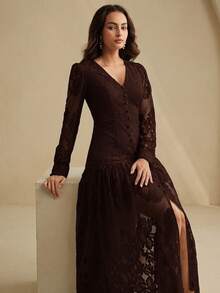 Anewsta Vestido de mujer de manga larga con cuello en V, estilo vintage de playa y vacaciones, con encaje calado - Marrón Chocolate - Ver 2