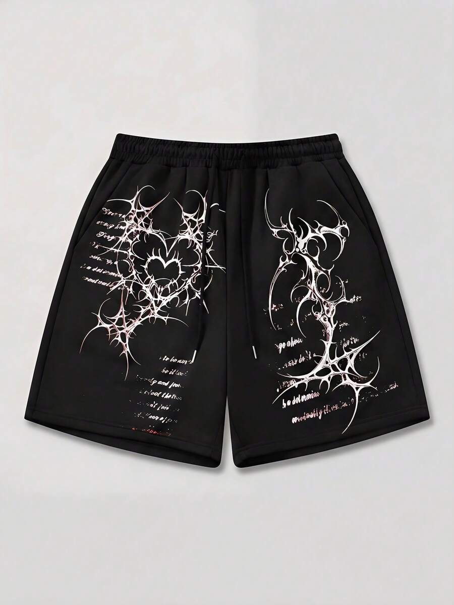 ROMWE MEN Goth Men's Summer Casual Sports Shorts With Letter & Heart Print, Drawstring Waist - Black - View 1