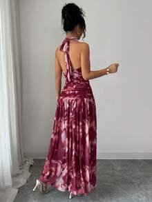 Elenzga Women Elastic Mesh Abstract Print Halter Backless Sleeveless Ruched A-Line Maxi Dress,Dusty Pink,Summer,Elegant,Vacation,Chestnut Color,Retro Casual - Maroon - View 2