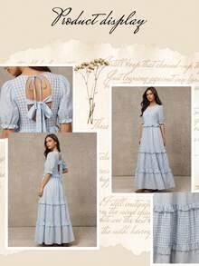 WESTFADE Đầm maxi xếp tầng dáng rộng, tay bồng họa tiết kẻ caro phối hợp, lưng hở, thắt dây. - Màu xanh nhạt - Xem 7