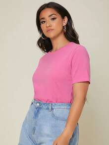SHEIN BASICS Plus Size Solid Color Round Neck Casual Daily Short Sleeve T-Shirt Plain T-Shirt Basic Tops For Women Plain Tshirt For Women Pink T-Shirt Women's Tops - Pink - View 4