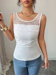 Rafferiza Damen Sommer Spitze Patchwork Trägerhemd, ärmelloses Slim Fit Trägershirt, elegant für den Arbeitsweg, den Alltag und Dates - Weiss - Übersicht 7