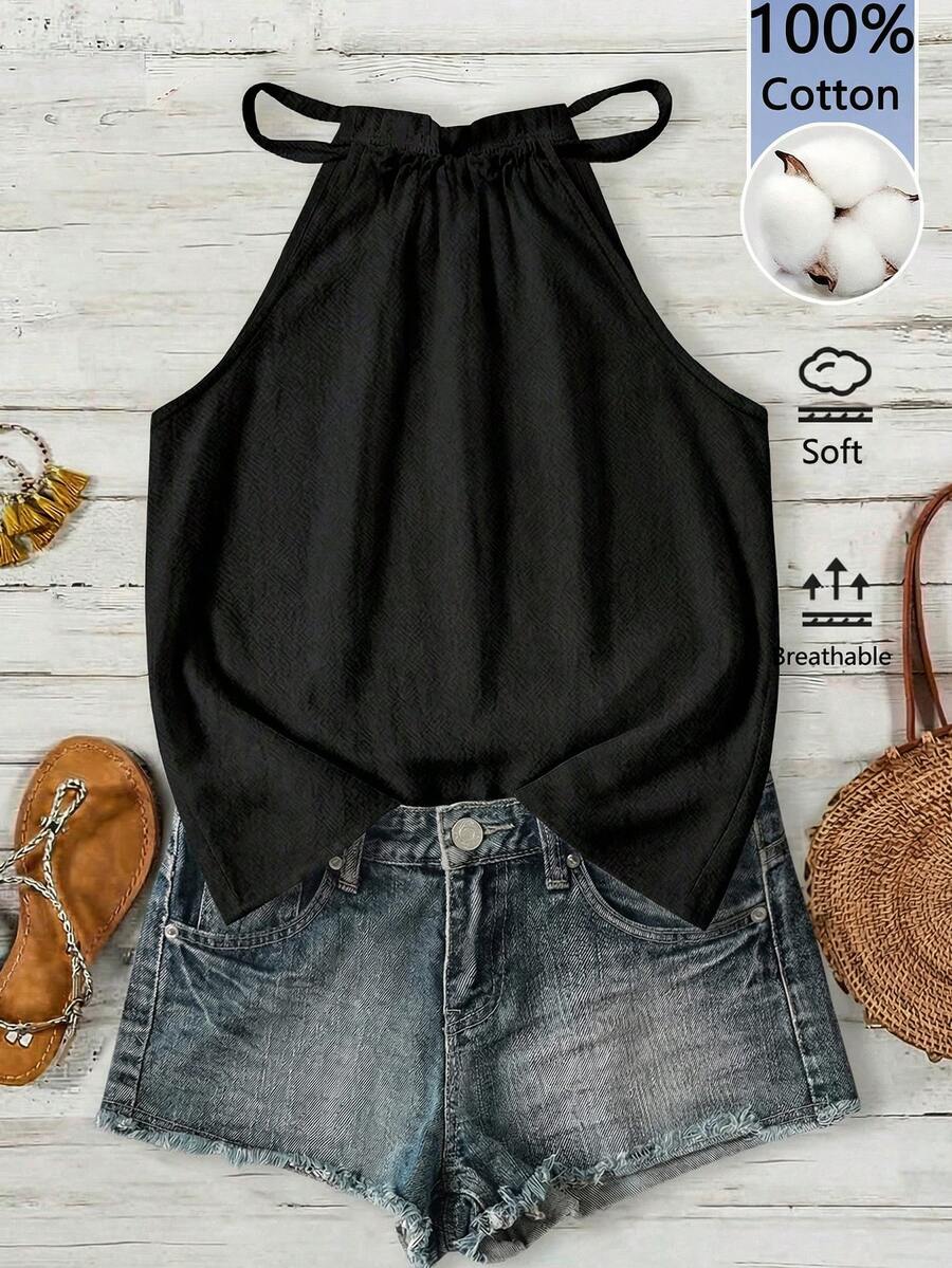 EMERY ROSE Solid Color Casual Versatile Cotton Halter Neck Tank Top, Suitable For Spring/Summer Vacation,Summer Top - Black - View 1