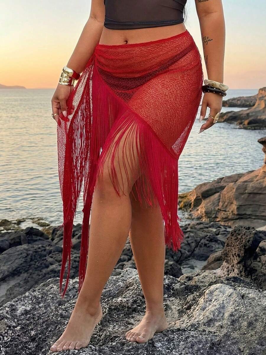 Rustia Falda de talla grande con patchwork de encaje, flecos y calado - Rojo - Ver 1