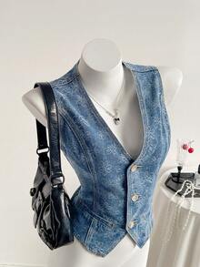 SHEIN Women's All-Over Print Single-Breasted Casual Versatile Daily Wear Denim Vest Jacket - Blue - View 5