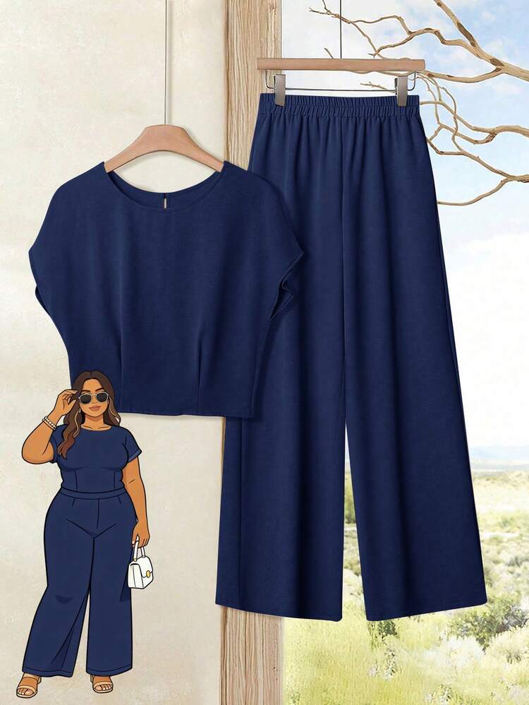 Plus Size Women's Spring Casual Vacation Round Neck Short Sleeve Solid Color Cropped Top And Pants 2 Piece Set,Plus Size Women's Spring/Summer Casual Vacation Round Neck Short Sleeve Solid Color Cropped Top And Pants 2-Piece Set ,Nude Two Piece Set Two Piece Set ,Women Comfy Modest Two Piece Set ,Beige Two Piece Set, Comfortable Two Piece Set,Early Spring,Spring Break Outfits ,Vacation Outfits Women ,Holiday Outfits For Women,Spring Clothes Women,Going Out Outfits,2026 New Clothes,Simple And Fashionable For Everyday Wear, Two Piece Set Women Comfy ,Navy Blue Set,Gifts For Mother