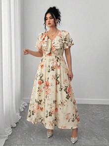 Elenzga Vestido de lunares con volantes y estampado floral de cuello en V talla grande, estilo de vacaciones, estilo maduro, estilo campestre - Multicolor - Ver 7